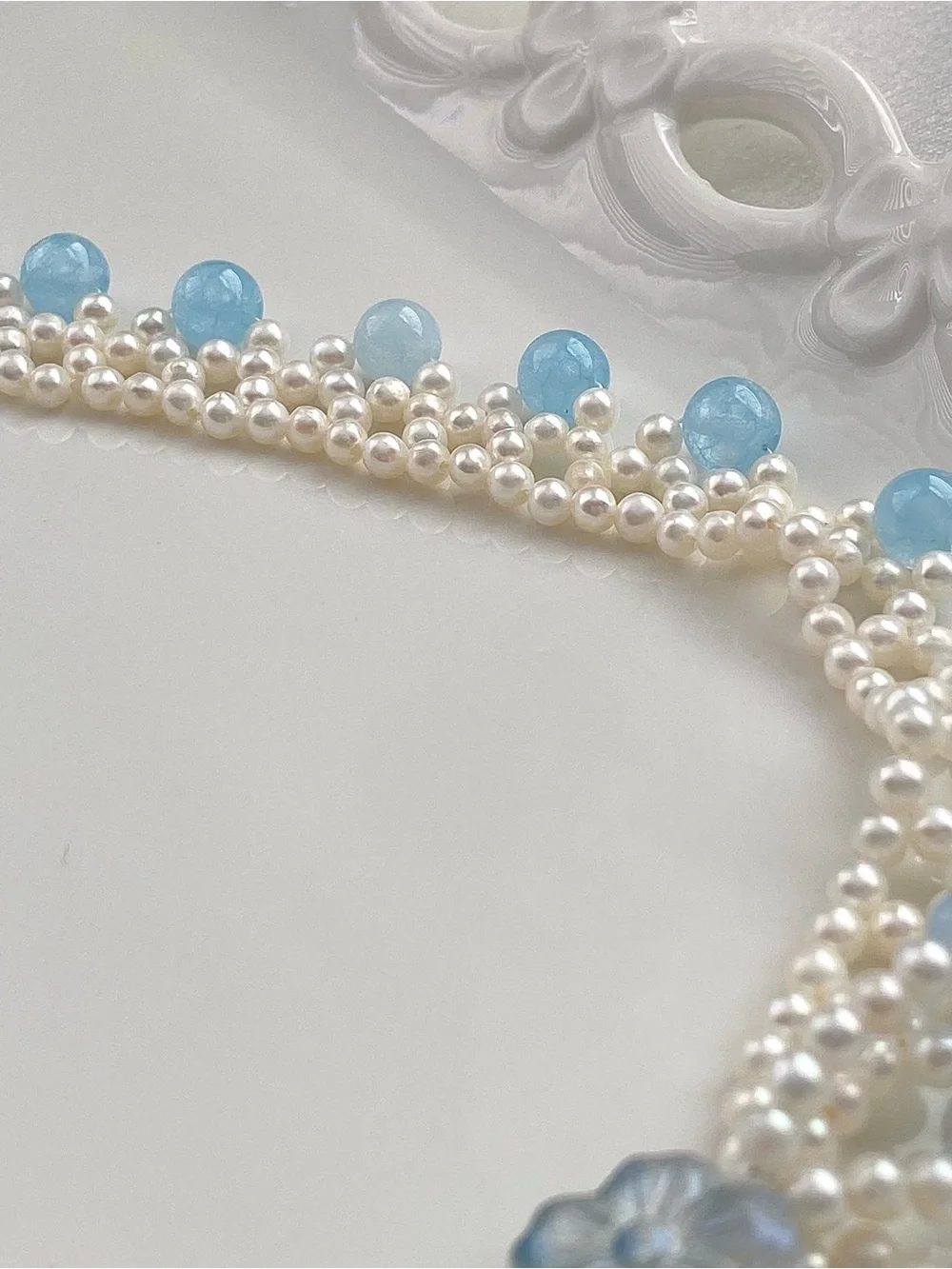 GP89-Hand Braided High Quality Baby Pear And Aquamarine Bow Necklace